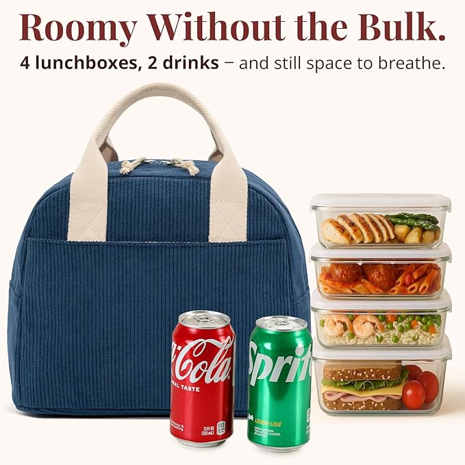 LOVELYWIND Insulated Navy Blue Lunch Bag for Women, Stylish Corduroy Tote with Aluminum Lining, Large Capacity Reusable Cooler for Work, Travel, or Beach, Beige Cream Water-Resistant Lunch Box
