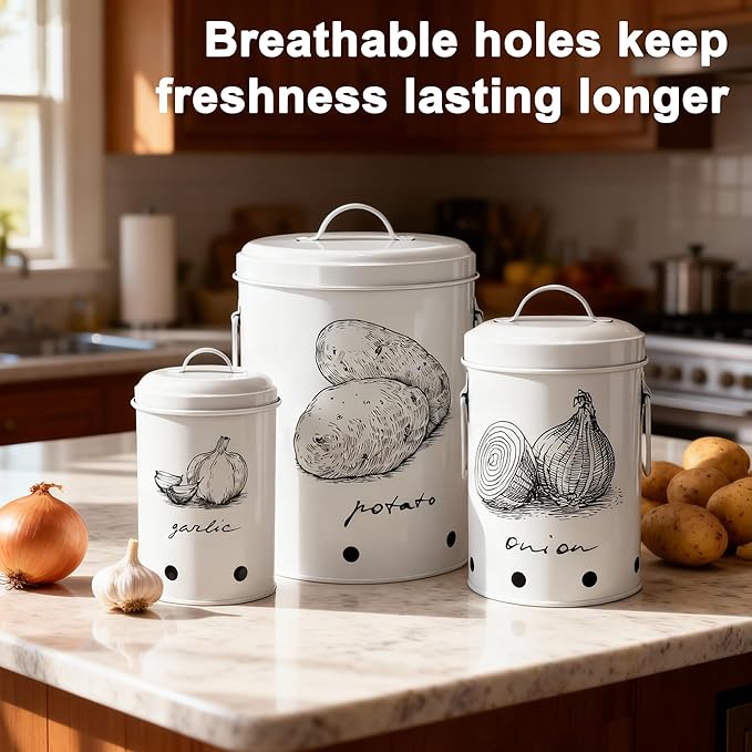 Kitchen Potato and Onion Storage Bin,Metal Vegetable Storage Bins Set of 3 with Aerating Holes and Lids,Farmhouse Canisters Sets for the Kitchen Countertop (1, Circular)
