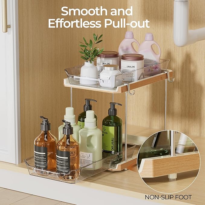 DELAMU Under the Sink Organizer, 2-Tier Pull-Out Cabinet Drawers with Adjustable Shelf & Hooks, Under Sink Cabinet Organizer for Bathroom, Kitchen, Vanity & Every Household(Wood Grain, 4 Pack)