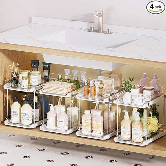 Delamu Under the Sink Organizer, 2-Tier Pull-Out Cabinet Drawers with Adjustable Shelf & Hooks, Under Sink Cabinet Organizer for Bathroom, Kitchen, Vanity & Every Household (White, 4 Pack)