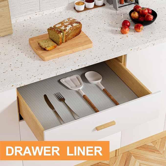 FLPMIX Shelf Liners for Kitchen Cabinets: Non-Adhesive Drawer Liner 17" W x 300" L - Light Gray Waterproof Easy to Cut Cupboard Mat for Bathroom Pantry Shelves