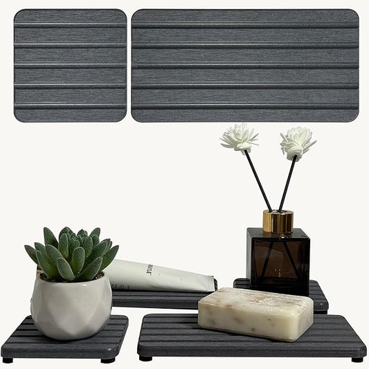 Set of 4 Bathroom Vanity Tray, Quick-Dry Diatomite Kitchen Tray with Non-Slip Pads | Water Absorbing Stone Used for Soap, Sponges, Cosmetics | Eco-Friendly Bath Sink Organizer