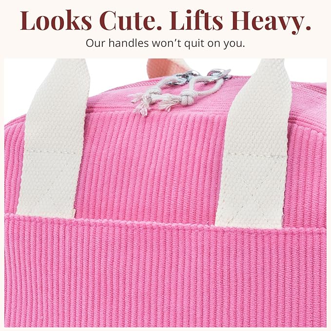 LOVELYWIND Insulated Vintage Pink Lunch Bag for Women, Stylish Corduroy Tote with Aluminum Lining, Large Capacity Reusable Cooler for Work, Travel, or Beach, Beige Cream Water-Resistant Lunch Box