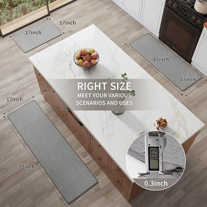 Long Kitchen Runner Rugs Non Slip Washable, Linen-Like 0.3" Thick Cushioned Absorbent Kitchen Mats for Floor, Mild Anti-Fatigue Sink Floor Mat Laundry Standing Mat, Easy Clean, Gray 17"x71"