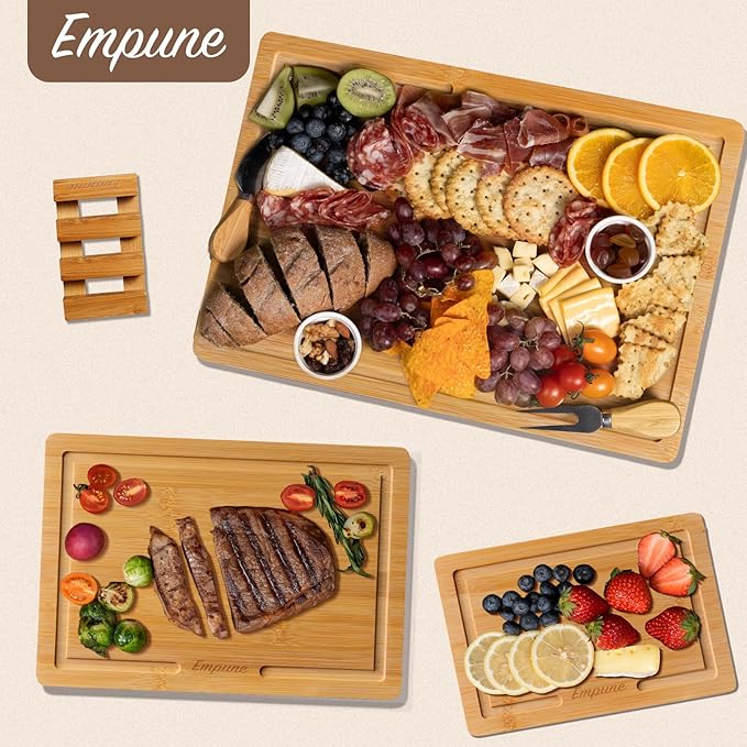 Empune Bamboo Cutting Board Set, Wood Cutting Boards for Kitchen with Holder Wooden Chopping Board for Meal Prep & Serving, Natural Bamboo