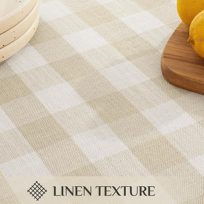 Softalker Checkered Tablecloth Rectangle, Outdoor Linen Cotton Gingham Table Cloth with Tassel, Heavy Duty Wrinkle Free Buffalo Plaid Table Cover for Kitchen Dining Summer Party - 55 x 70 Inch, Beige