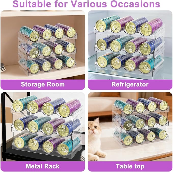Cat Food Can Organizer, Can Organizer for Pantry, Transparent Cat Food Storage Container Holds 72 (3.5oz) Cans, Canned Food Organizer and Storage for Countertop Kitchen Cabinet (4 Tier-3 Layer)