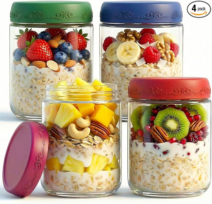 16 OZ 4Pack, Overnight Oats Jars with Lids, Glass Meal Prep Containers, Airtight Mason Jars for Breakfast, Yogurt Parfait, Salad & Smoothies, Leakproof and Reusable Food Storage Jars(4-1)