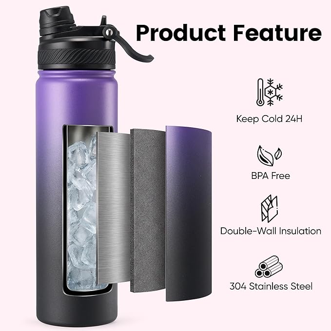 Fijinhom 24 oz Insulated Water Bottle, 2-in-1 Straw and Spout Lid Stainless Steel Thermos, Leak-Proof, Double Wall Vacuum Flask, Keep Cold 24H for Outdoor, Sports, Travel, School (Purple&Black)