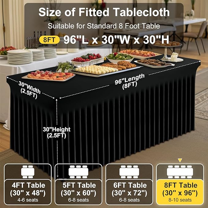 Smiry Spandex Tablecloth, Elastic Fitted Stretch Tablecloth for 8FT Rectangle Tables, Waterproof Washable Table Cover Skirt for Outdoor, Wedding, Banquet & Parties (Black, 96Lx30Wx30H Inch)