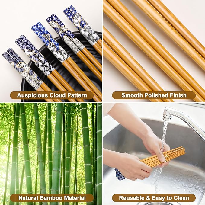 Antner 5 Pairs Bamboo Chopsticks Reusable Chopstick Exquisite Japanese Style Chop Sticks with Black Box for Sushi, Ramen, Hot Pot and Asian Dining, 8.8 Inch/22.5cm Gift Set