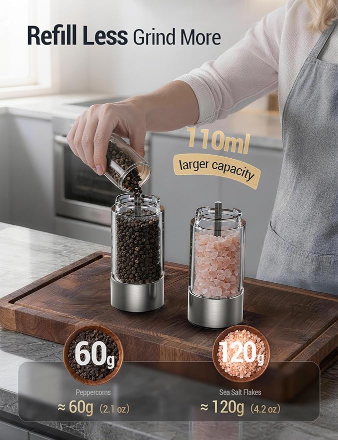 ThermoMaven Upgraded Larger Capacity Electric Salt and Pepper Grinder Set, 110ml Rechargeable Salt and Pepper Shaker with LED Light, Stainless Steel Automatic Pepper Mill with 6 Adjustable Coarseness