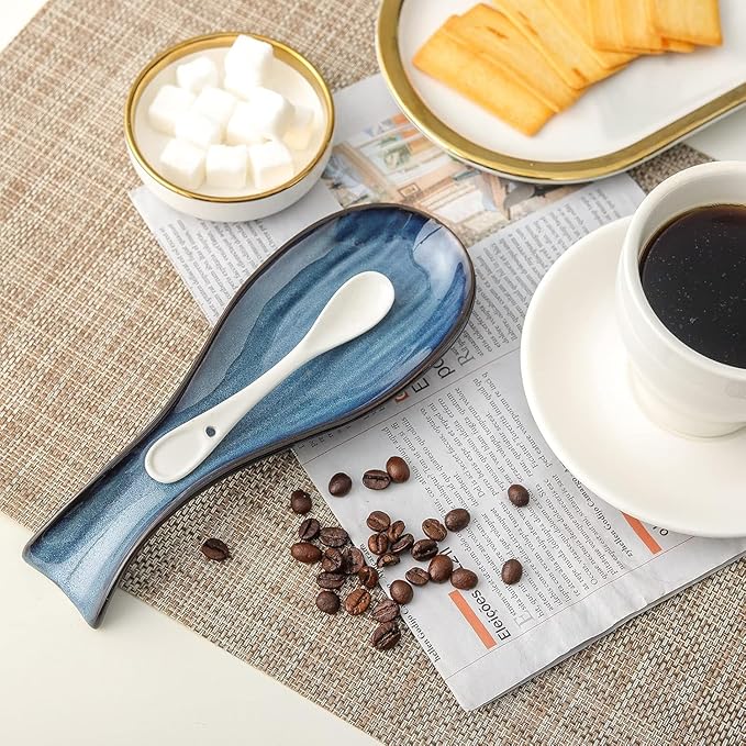 Ceramic Spoon Rest for Stove Top,Large 8.7 Inch Spoon Holder for Kitchen Counter,Porcelain Utensil Rest for Thankgiving and Christmas Gift,Dishwasher Safe and Heat-Resistant,Blue(2 PC)