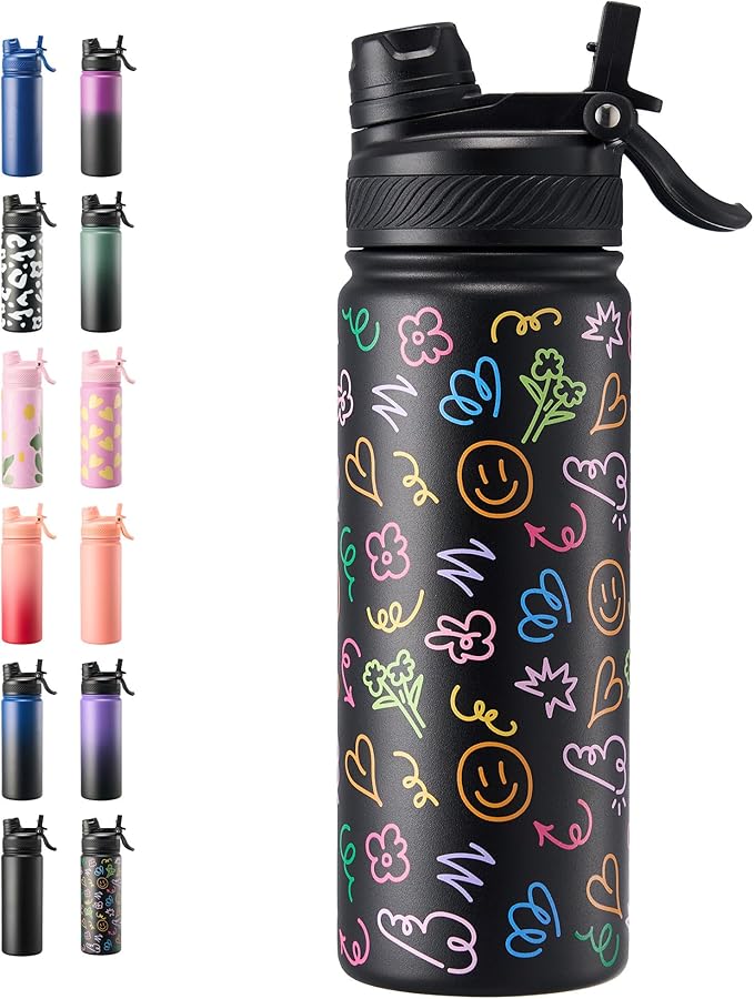 Fijinhom 18 oz Insulated Water Bottle, 2-in-1 Straw and Spout Lid Stainless Steel Thermos, Leak-Proof, Double Wall Vacuum Flask, Keep Cold 24H for Outdoor, Sports, Travel, School (Graffiti)