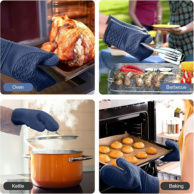 Silicone Oven Mitts, Heat Resistant 2PCS Oven Mitts with Soft Cotton Lining, Waterproof Non-Slip Grip Oven Glove, Kitchen Potholder Mits for BBQ, Baking, Cooking, 12.5 Inch - Dark Blue