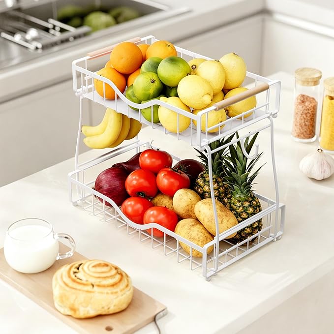 2 Tier Fruit Basket for Kitchen Countertop with 2 Banana Hangers,Detachable Metal Fruit Bowl with Wooden Handles and Protective Pads,Large Capacity Fruit and Vegetable Basket Organizer,White