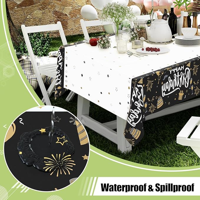 Smiry Plastic Table Cloth Disposable 5 Pack, 54 x 108 Inch Waterproof Rectangle Tablecloths for Birthday, Parties, Decorative Plastic Table Cover, Leakproof & Sturdy, Black & White