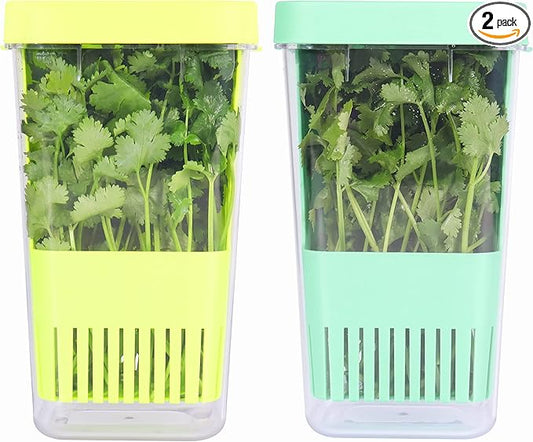 LUVCOSY 2 Pack Herb Keeper, BPA-Free Plastic Herb Saver with an Inner Basket for Cilantro, Mint, Parsley, and Asparagus, Keeps Fresh Herbs for 3 Times Longer
