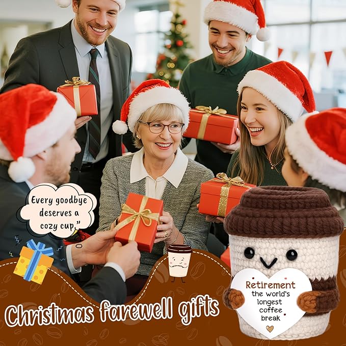 Mini Retirement Gift for Women Men Handmade Crochet Coffee for Coworker Mentors Leader Teachers Nurse Friends Mom Grandma Retired Farewell Going Away Goodbye Gifts for Women Men Retirement Party