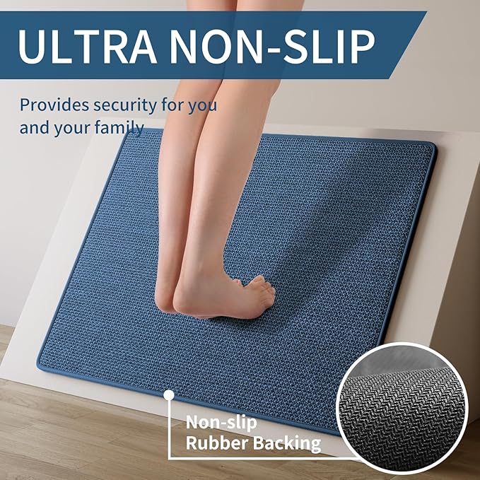 Kitchen Mats for Floor, Super Absorbent Kitchen Rugs Non Slip Washable, Soft Imitation Linen Braided Kitchen Runner Rug, Standing Mat Kitchens Sink Mat, Easy to Clean, Blue 17x95