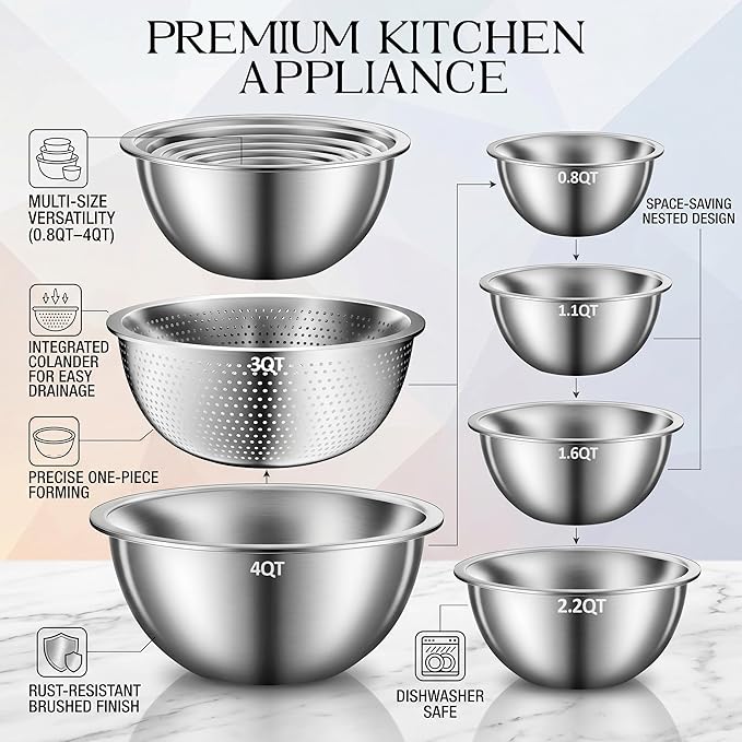 DUTZUN Heavy-Duty Stainless Steel Mixing Bowls Set of 5 plus 3QT Colander, Nesting Kitchen Metal Bowl for Baking Prep Salads Serving Cooking, Dishwasher Safe — 4.0 to 0.8 QT