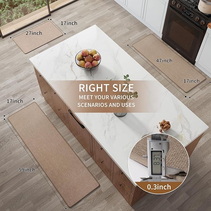 Long Kitchen Runner Rugs Sets of 2 PCS Non Slip Washable, Linen-Like 0.3" Thick Cushioned Absorbent Kitchen Mats for Floor, Mild Anti-Fatigue Sink Laundry Standing Mat, Brown 17"x30"+17"x71"