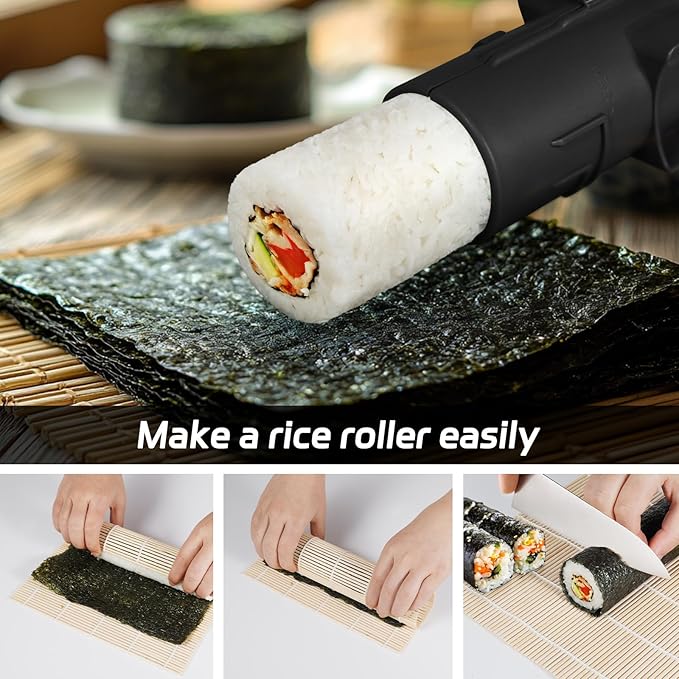 Sushi Making Kit, Upgraded 11.8 Inches Sushi Roller, Sushi Rolling Mat Sushi Maker Sushi Kit, Sushi Bazooka Easy Made Sushi Black