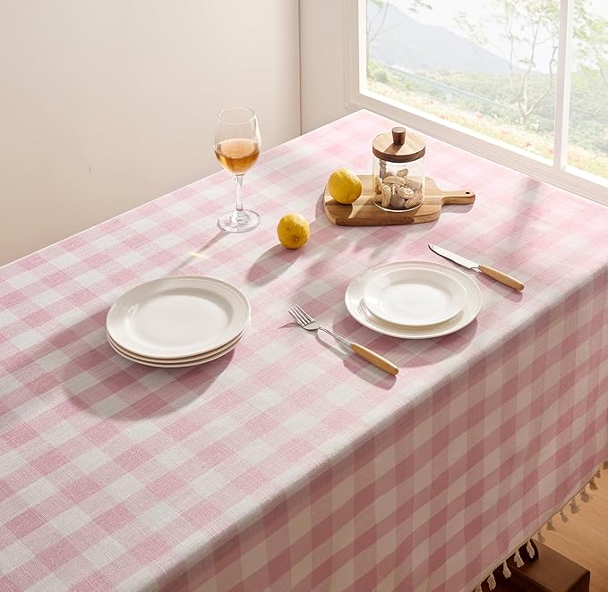 Softalker Pink Gingham Tablecloth Rectangle, Outdoor Linen Cotton Checkered Table Cloth with Tassel, Heavy Duty Wrinkle Free Buffalo Plaid Table Cover for Kitchen Dining Home Party - 55 x 70 Inch