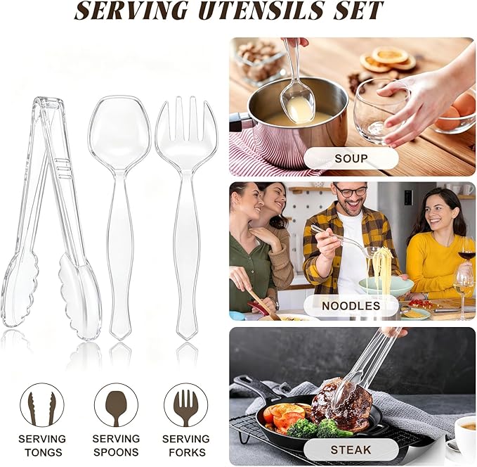 Mwellewm 18Pcs Serving Utensils, 8.5'' Plastic Serving Utensils Set, Disposable Serving Spoons for Buffet, Large Serving Tongs for Food Heavy Duty Party Supplies for Salad Soup Cooking Catering(Clear)
