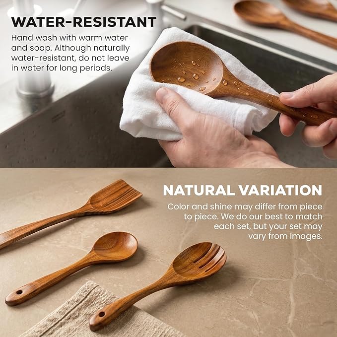 Zulay Kitchen Premium 8-Piece Wooden Spoons - Smooth Finish, Natural Teak Wood, Non-Stick, Handmade