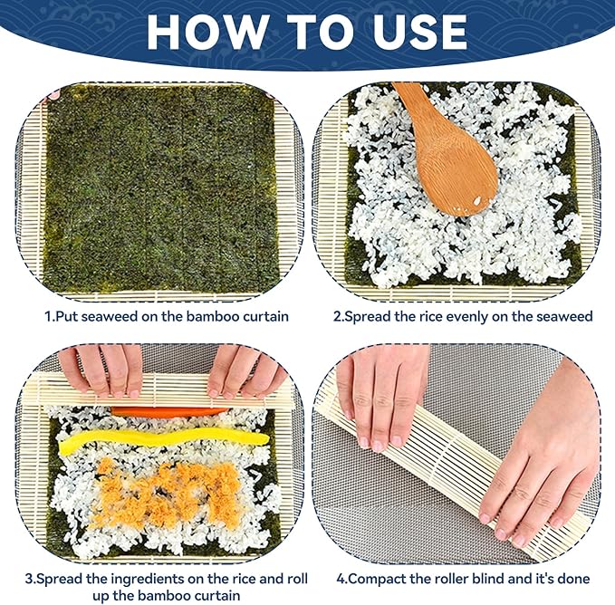HOPELF 2 Pack 9.5 Inch Bamboo Sushi Mat - Sushi Roller Mat for Making, Shaping & Molding Sushi Roll & Kimbap - Food-Safe Sushi Making Supplies, Tools & Accessories