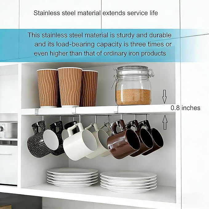 Nailless Fixed Coffee Cup Storage Rack - Hanger for Storing Cooking Utensils - Cabinet-Style Storage Rack for Kitchen Coffee Bar Accessories - Stainless Steel Storage Hook - Silver