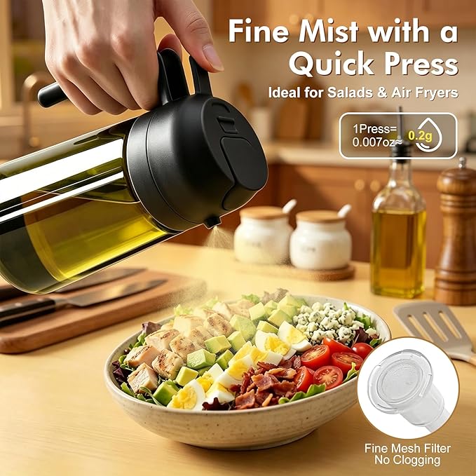 Poshetion 2 in 1 Olive Oil Sprayer for Cooking, 16oz Light-Proof Oil Dispenser for Kitchen, Leak-Proof Oil Spray Bottle for Air Fryer, Salad, BBQ, Baking, Grilling - Black & Black