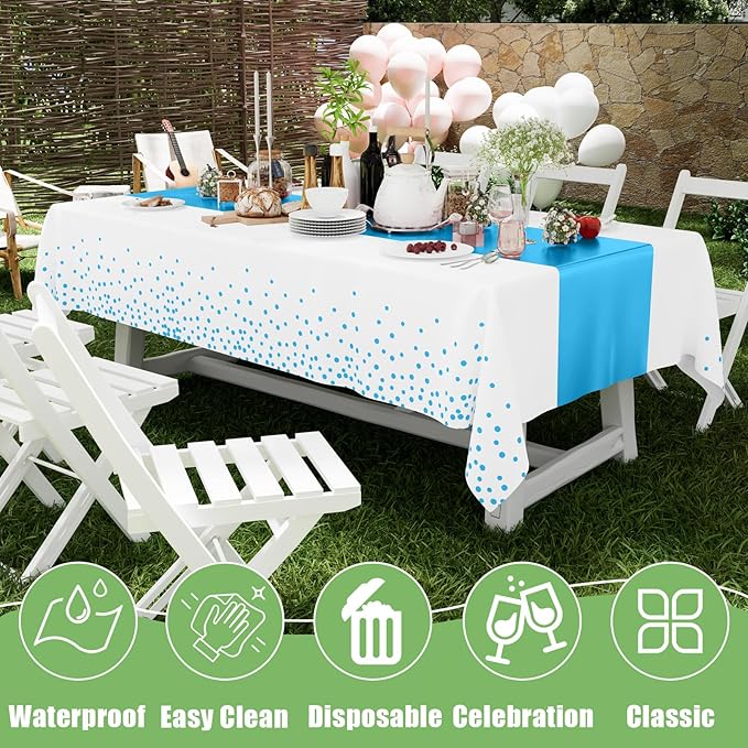 Smiry Plastic Table Cloth Disposable 8 Pack, 54 x 108 Inch Rectangle Waterproof Tablecloth, Printed Gold Table Runner Style for Birthday Weeding, Party Decorations, Leakproof & Sturdy, White and Aqua