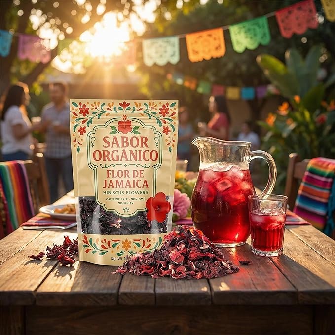1lb Whole Dried Hibiscus Flowers (Flor de Jamaica) for Hibiscus Tea & Mexican Agua Fresca | Natural, Non-GMO, No Preservatives | Resealable Stand-Up Pouch by Sabor Orgánico