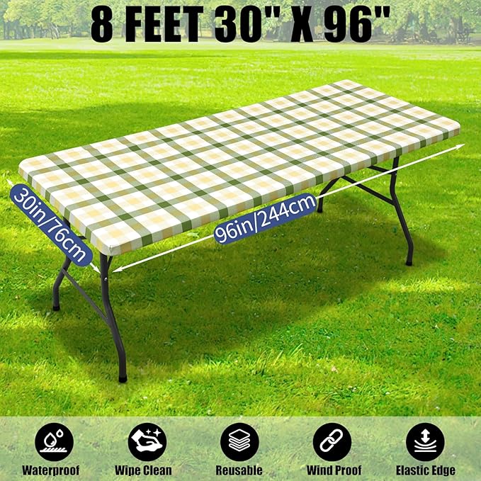 Smiry Picnic Table Cloth 2 Pack, Waterproof Elastic Fitted Tablecloths for 8FT Rectangle Tables, Washable Polyester Buffalo Plaid Tablecloth for Easter & Outdoor (Sage Green & Beige, 30" x 96")