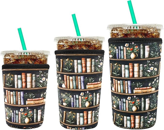 YR Reusable Neoprene Insulator Sleeve for Iced Coffee Cups, 3 Pack Coffee Coolies sleeves for Iced & Hot Drinks, Cold Beverage Cooler Compatible with Starbucks Coffee and More (Bookshelf & Flower)