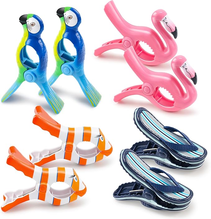 8 Pack Clips for Beach Chairs-Durable and Big Towel Clips, Peg Clips with Colorful Parrot and Pink Flamingo Shape, Creative Beach Towel Clip for Family Use, Portable During Travel.