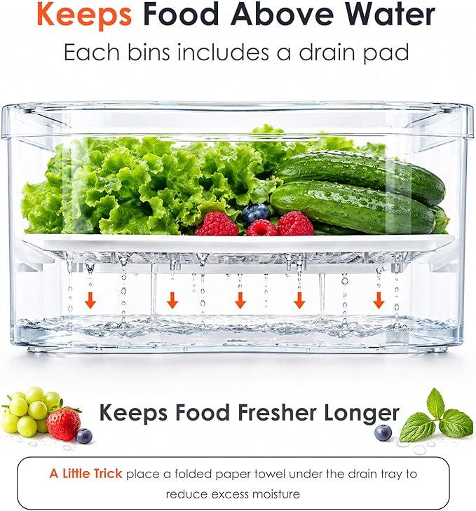 SMRCAD Refrigerator Organizers and Storage, 8 Pack with 1 Pull-Out Drawer and 7 Lidded Bins, Fruit Storage Containers for Fridge with Drain Trays, Helps Keep Produce Fresh