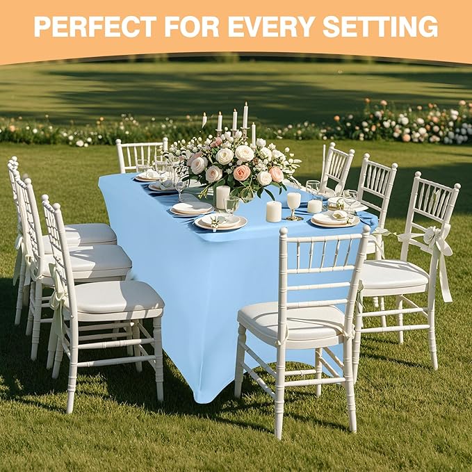 2 Pack 6 Feet Light Blue Spandex Tablecloth for Rectangular Tables, Fitted & Stretch, Washable, Wrinkle Resistant, Perfect for Event, Wedding, Party, Banquet, Cocktail, Festival, and Table Protector