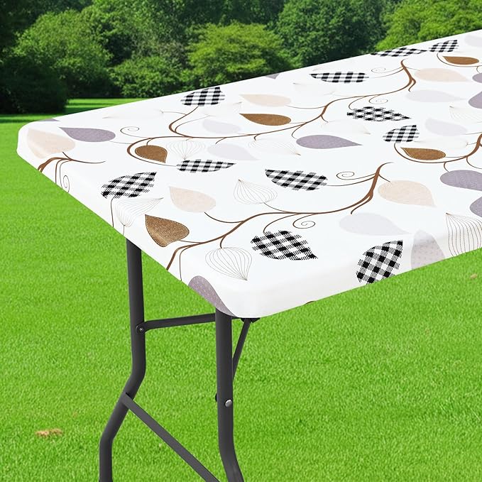 Smiry Spandex Fitted Tablecloth for 4 Foot Rectangle Tables, Washable Picnic Table Cover with Elastic, Stretch Reusable Table Cloth for Outdoor, Camping, Dining & Kitchen (Leaves, 24"x48")