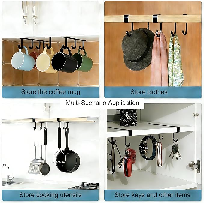 Nailless Fixed Coffee Cup Storage Rack - Hanger for Storing Cooking Utensils - Cabinet-Style Storage Rack for Kitchen Coffee Bar Accessories - Stainless Steel Storage Hook - Black