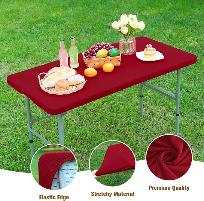 NEWISHER Fitted Rectangle Tablecloth 42 x 72 Inch Elastic Table Cloth Stretch Spandex Table Cover Burgundy Washable Polyester Table Top Cap Cover for Dining Picnic Camping Indoor and Outdoor