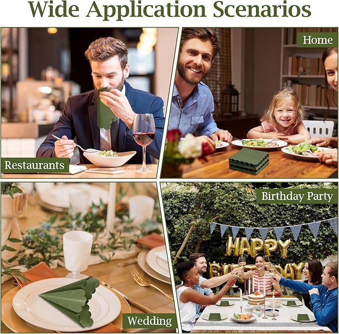 100 Pcs Cocktail Napkins, 2-Ply 5 x 5 Inches Disposable Scalloped Napkins, Thick Premium Dessert Napkins for Party, Wedding, Dinner, Birthday, Anniversary, Festival (Green)