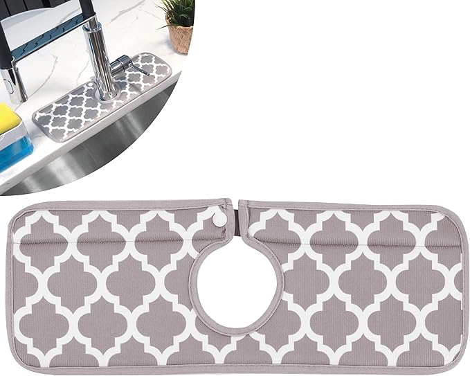 S&T INC. Microfiber Kitchen Faucet Sink Mat Drip and Splash Catcher with Snap Fastener, Absorbent and Reversible, 15 Inch x 5.5 Inch, White Trellis