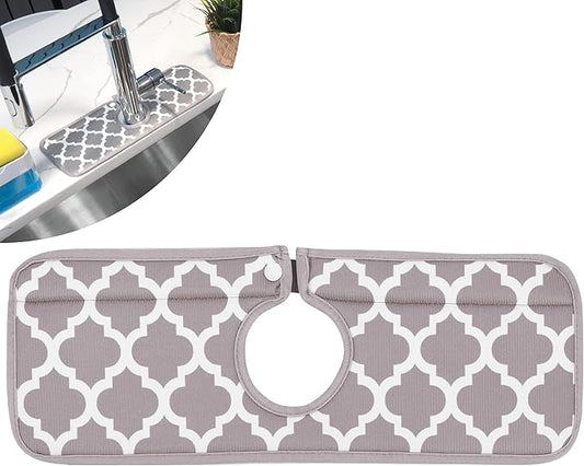 S&T INC. Microfiber Kitchen Faucet Sink Mat Drip and Splash Catcher with Snap Fastener, Absorbent and Reversible, 15 Inch x 5.5 Inch, White Trellis
