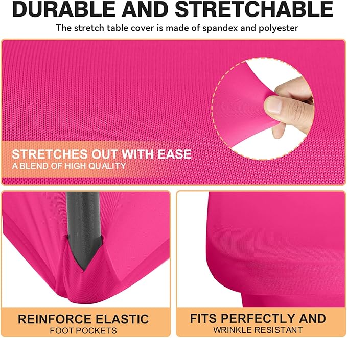 2 Pack 6 Feet Fuchsia Spandex Tablecloth for Rectangular Tables, Fitted & Stretch, Washable, Wrinkle Resistant, Perfect for Event, Wedding, Party, Banquet, Cocktail, Festival, and Table Protector