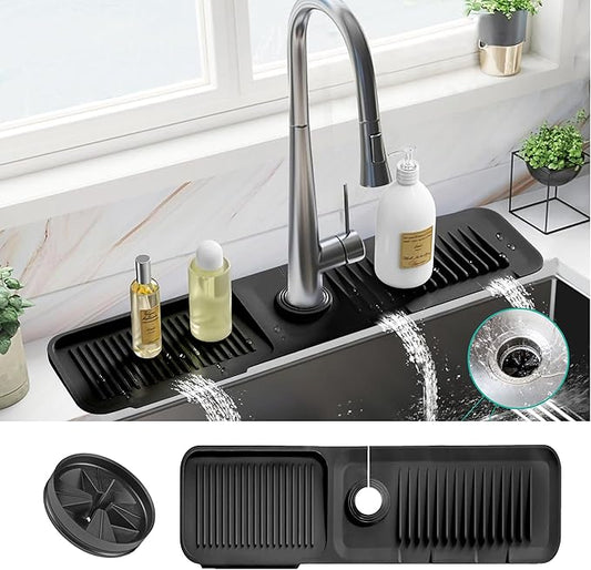 Faucet Mat for Kitchen Sink - Kitchen Sink Splash Guard with FREE Rubber Drain Insert - 18 Inch Faucet Guard Draining Mat, Faucet Mat Dish Soap Holder