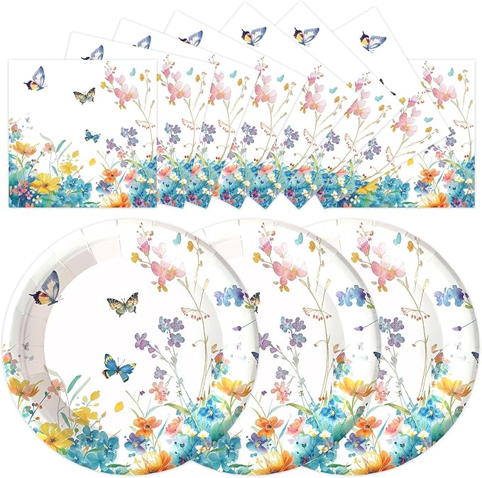 50pcs Wildflower Paper Plates and Napkins Party Decorations, 7inch Watercolor Floral Paper Plate Tableware for Spring Summer Birthday Baby/Bridal Shower Picnic Wedding Girl Tea Party Supplies