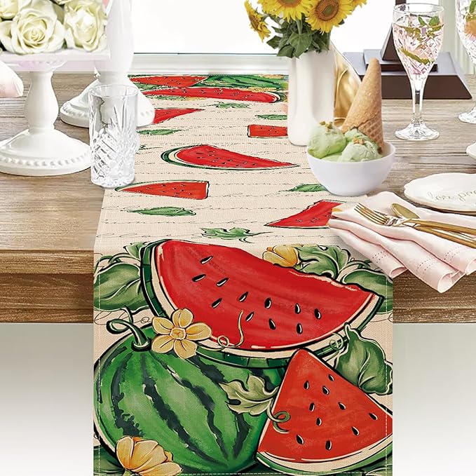 Seliem Hello Summer Watermelon Table Runner, Tropical Fruit Kitchen Dining Table Decor, Seasonal Burlap Home Decoration Indoor Outdoor Party Supply 13 x 90 Inch